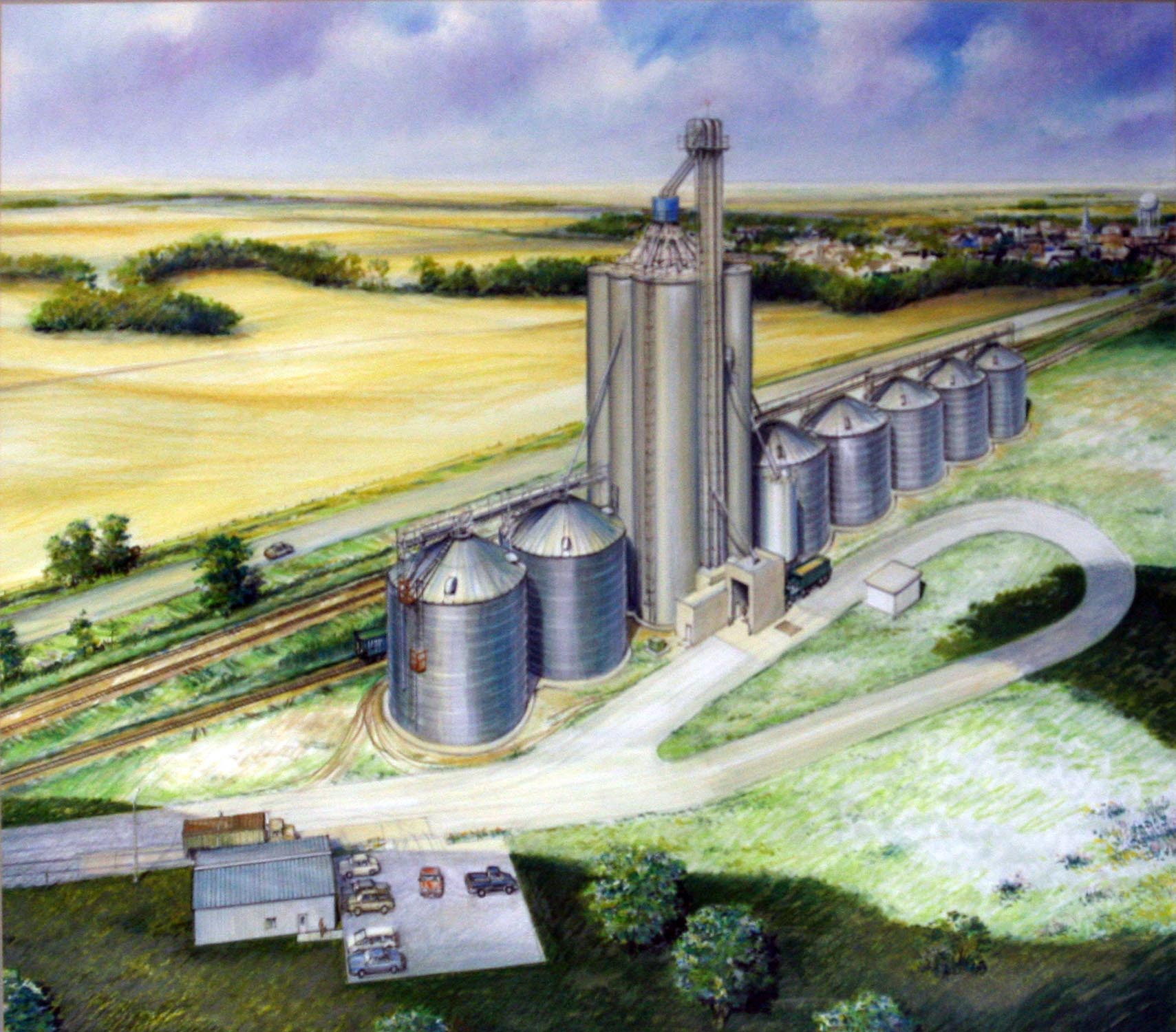 Illustration of barley storage faciilty in Conrad, Montana
